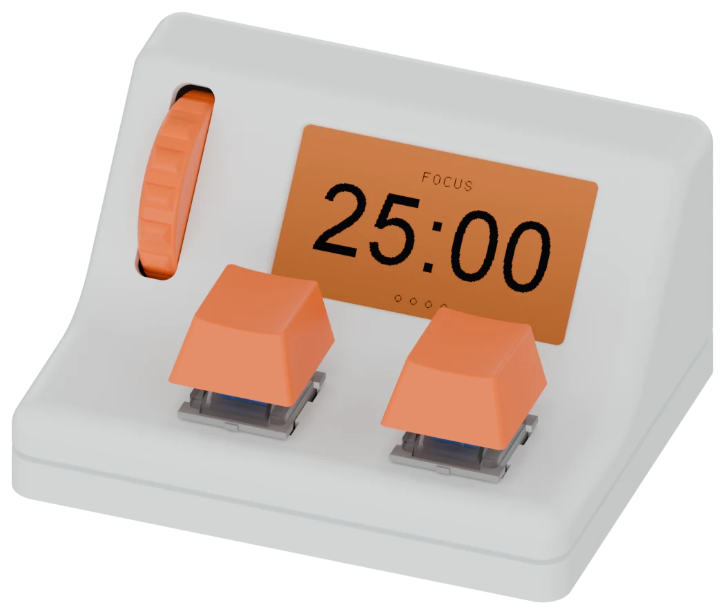 lith as it arrives: the screen reads FOCUS above 25:00 in black on orange, with four small dots under the numbers
