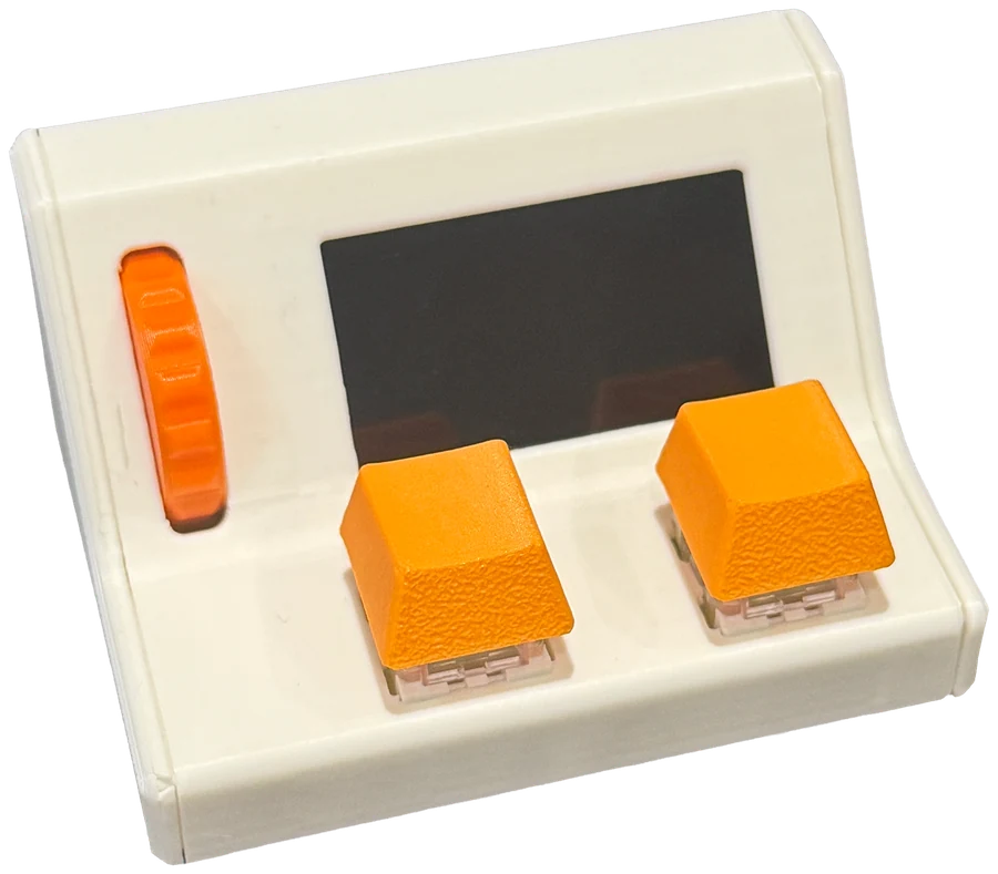 lith v1, a small cream desk console with an orange scroll wheel, two orange keys and a screen